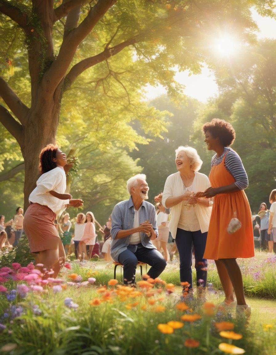 A heartwarming scene of diverse people of all ages joyfully interacting in a vibrant park setting, showcasing shared laughter and connections, with summer flowers blooming around them. Emphasize a sense of community and warmth, with soft sunlight filtering through trees, highlighting their joyous expressions. super-realistic. vibrant colors. warm atmosphere.