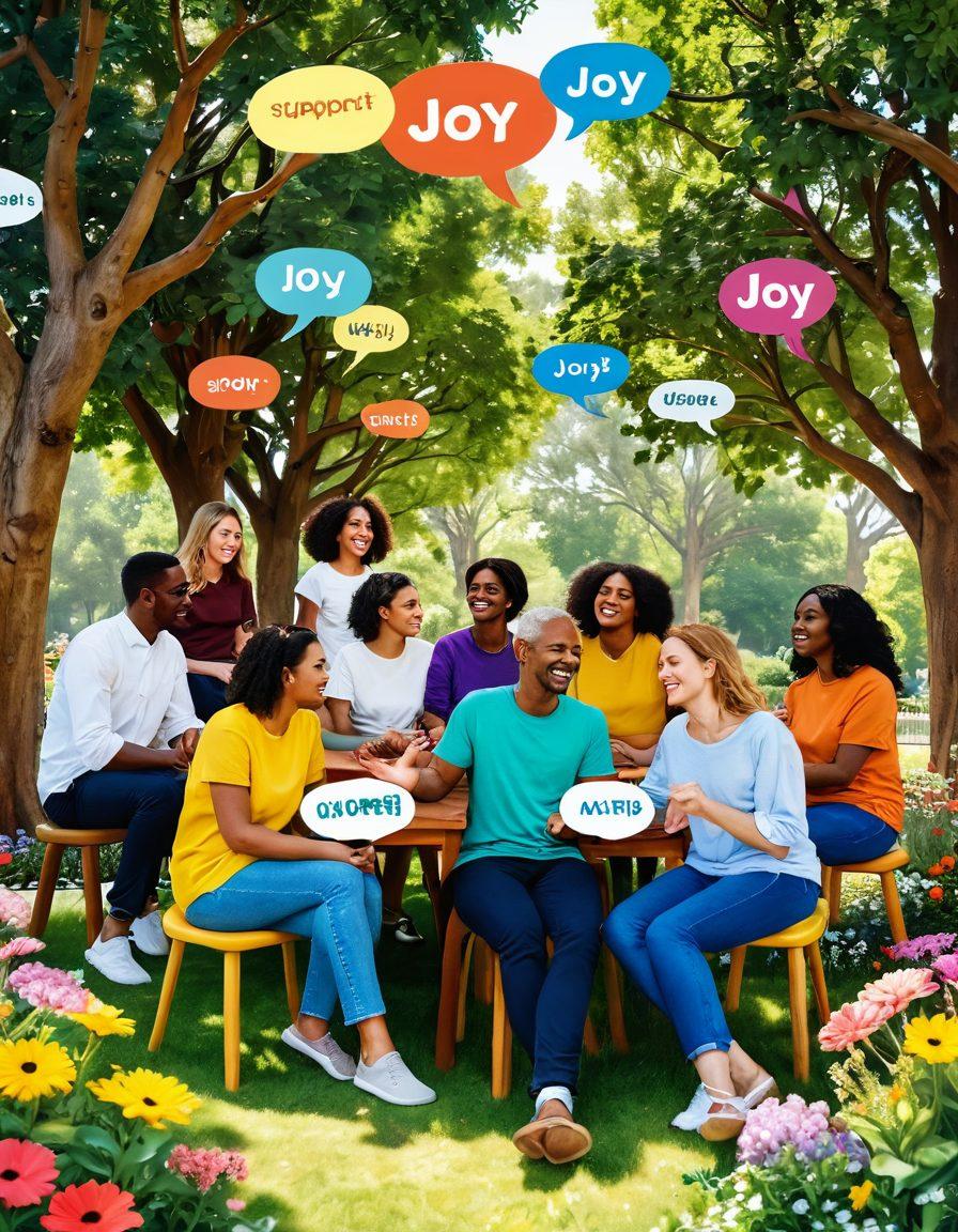 A vibrant scene depicting a diverse group of people engaging in a lively conversation, surrounded by colorful speech bubbles filled with positive words like 'Joy', 'Support', and 'Connection'. In the background, a lush park setting symbolizing growth and community surrounded by trees and flowers. The atmosphere should feel warm and inviting, promoting a sense of happiness and togetherness. super-realistic. vibrant colors. 3D.