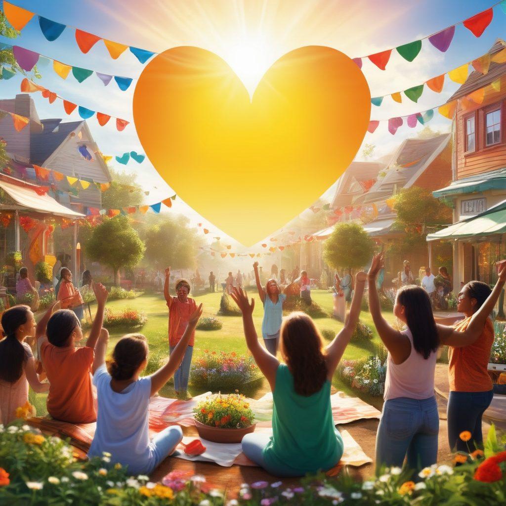 A vibrant community gathering featuring diverse individuals engaged in joyful activities, such as sharing stories, gardening together, and playing music. In the background, colorful banners symbolize connection and happiness, while a bright sun shines above, casting warm light on the scene. Incorporate elements that represent unity and support, like interconnected hands or hearts. vibrant colors. super-realistic.